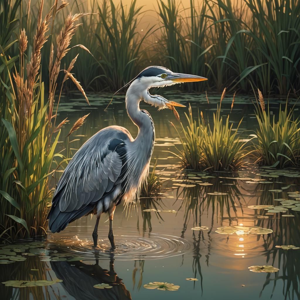 Heron Catching Frog in Hyperrealistic Splash Art