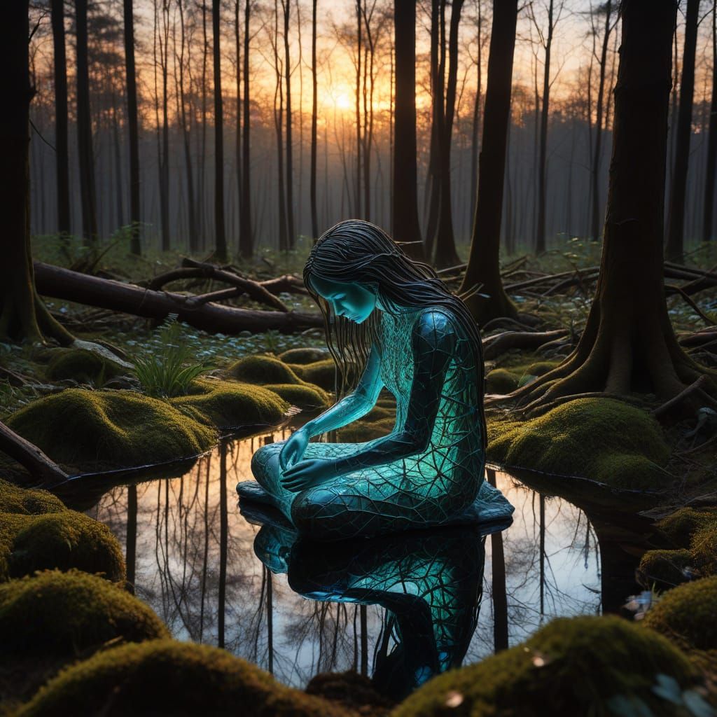 Surreal Sculpture of Woman with Cracked Mirrors