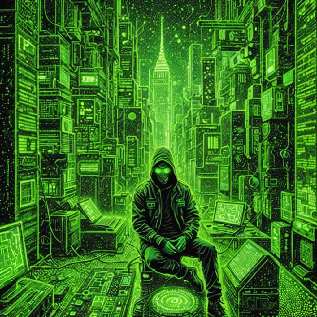 Neon Green Cyberpunk Hacker in Dot Art