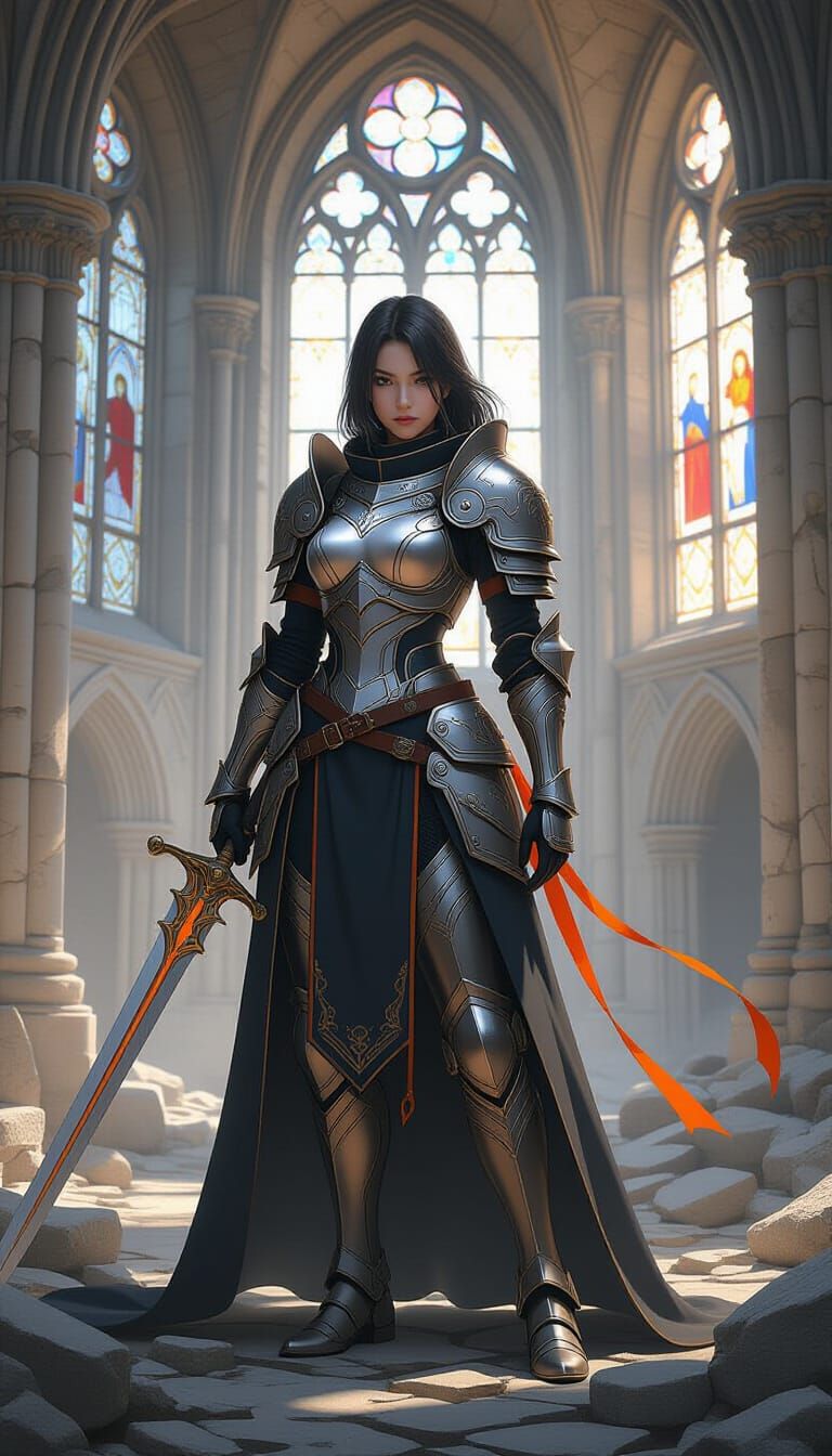 Anime-Style Warrior in Cathedral Ruins