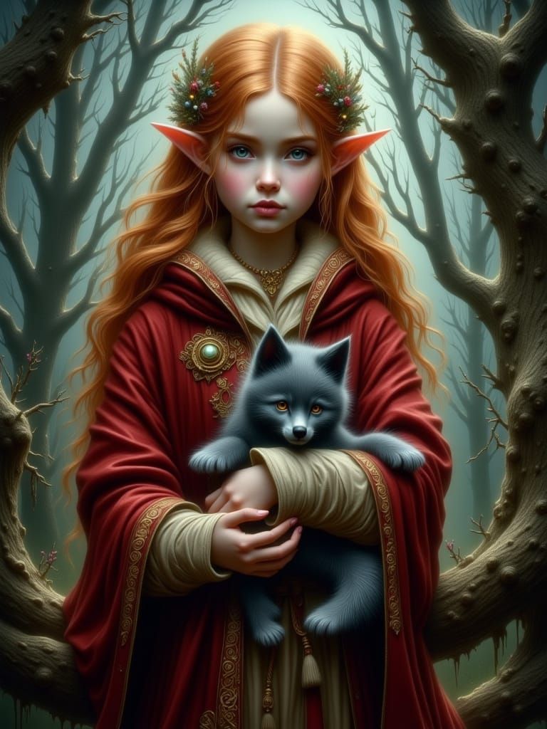Carandol, with her red cloak, holding the Big Bad Wolf's cub