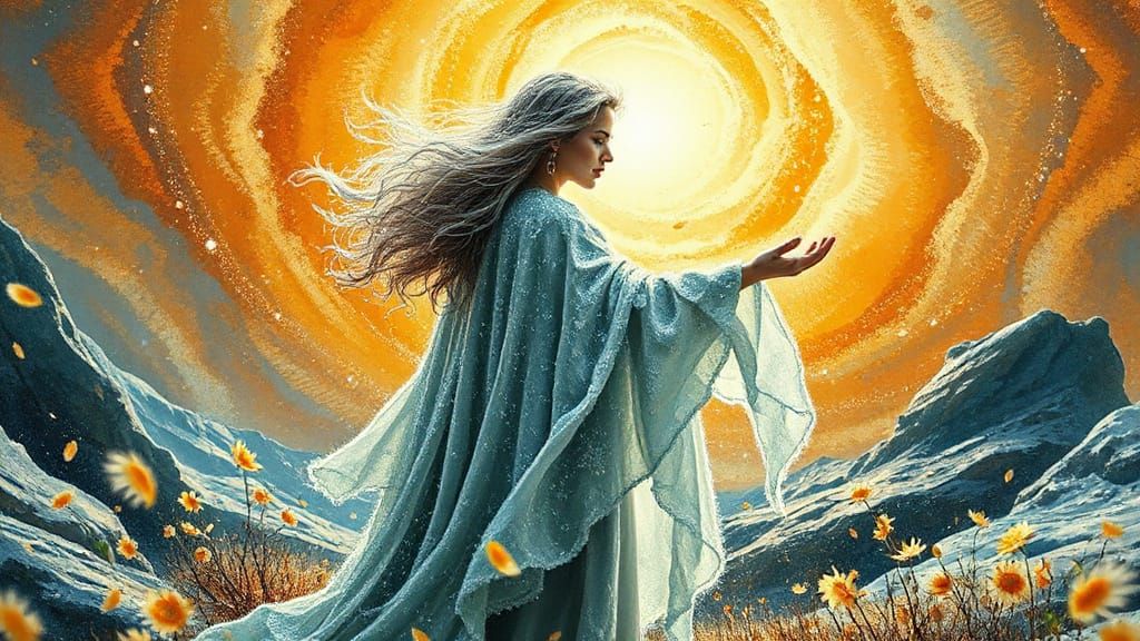 Surreal Goddess Emerges from Frosty Winter into Vibrant Spri...