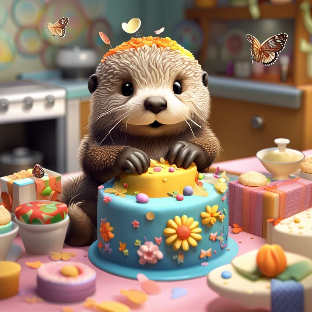 Cute, furry, baby anthropomorphic sea otter sitting in a kit...