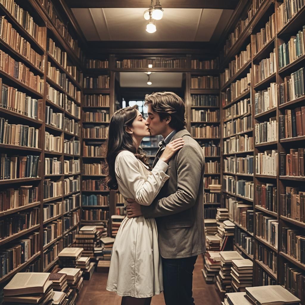 Romantic Couple Kissing in Book-Filled Library