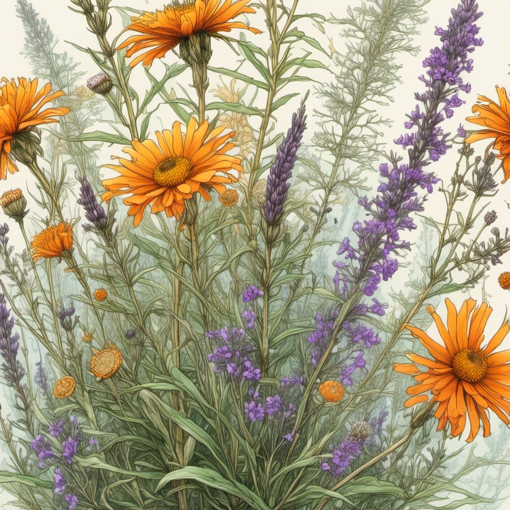 Intricate Hand-Drawn Botanical Illustration in Colored Penci...