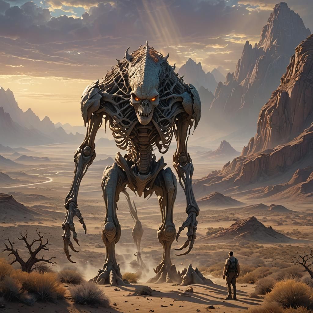 Mesozoic Creature in Arid Landscape, Ethereal Style
