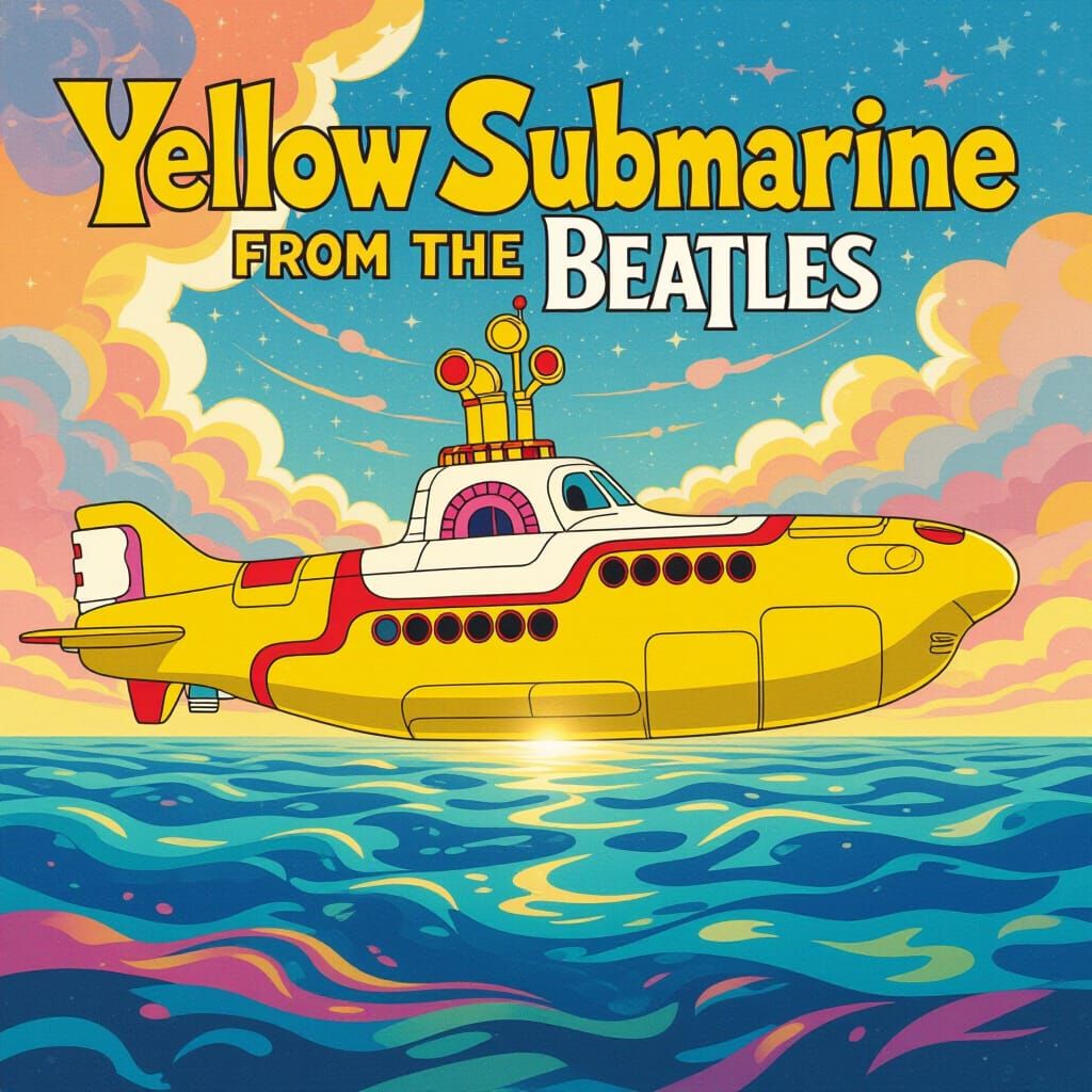 Breathtaking Yellow Submarine in Psychedelic Surrealist Styl...