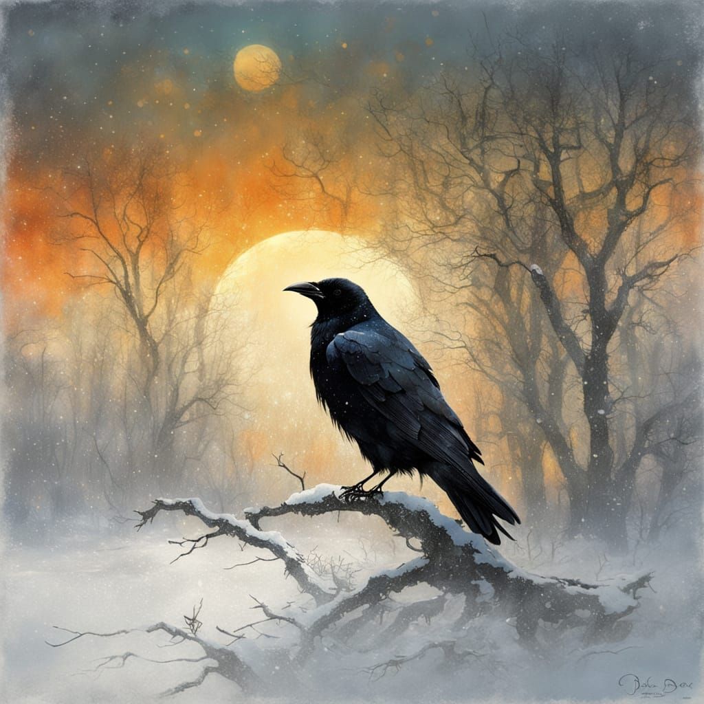A blizzard, snow falling, black crow on a branch, sunset
