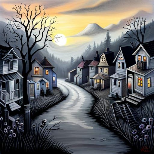 Hyperdetailed Zombie Village in Horror Style