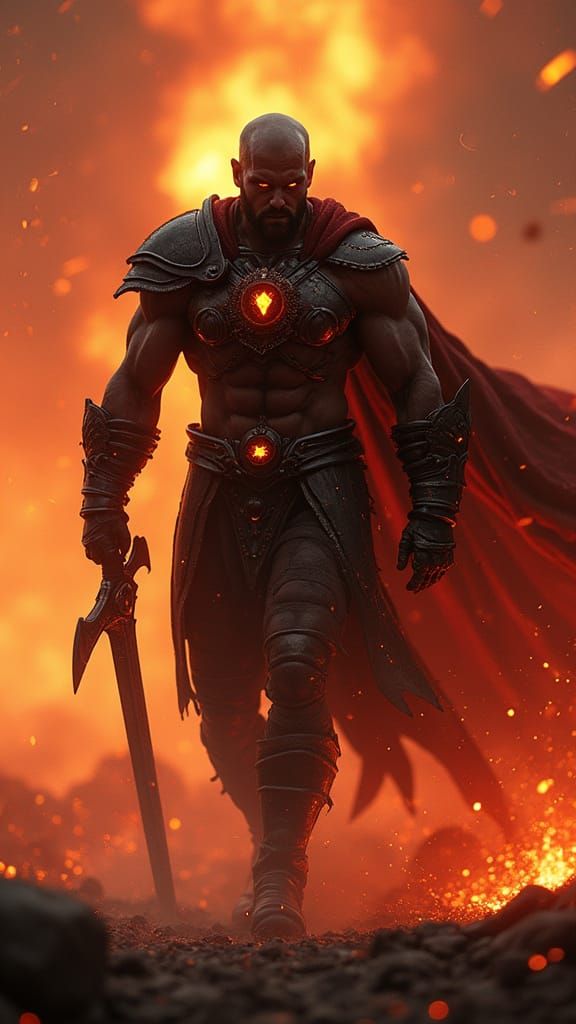 Dark Warrior Emerges from Crimson Storm in Cinematic Masterp...