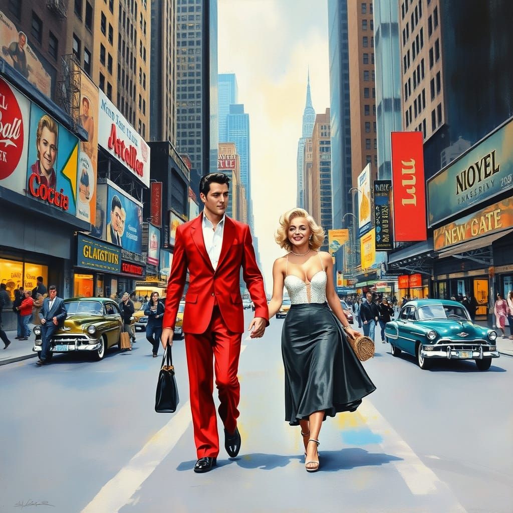 Elvis and Marilyn Monroe in 1950s New York City Impressionis...