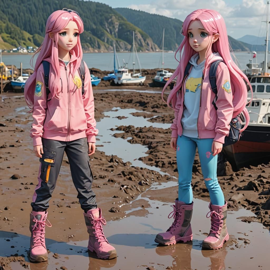Girl with Pink Hair Explores Harbor at Low Tide