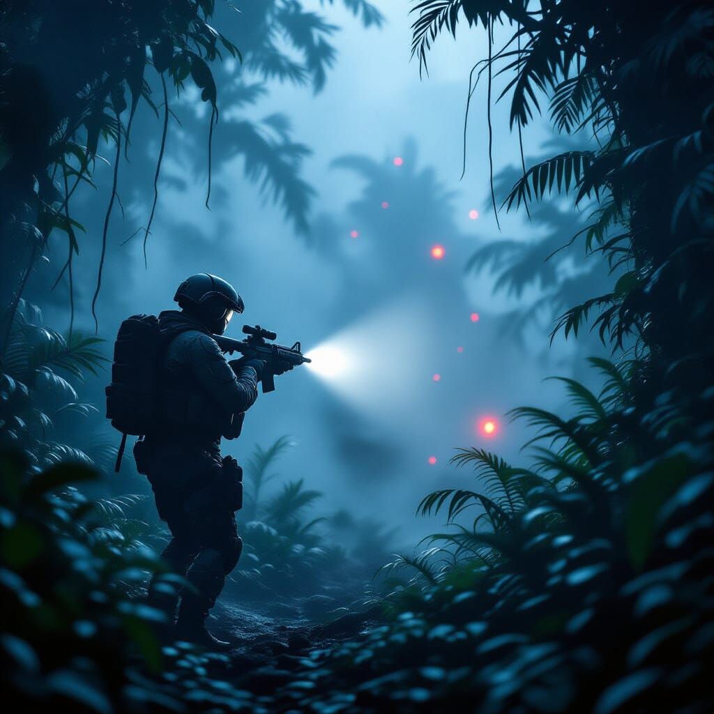 Stealth Soldier in Foggy Jungle at Night