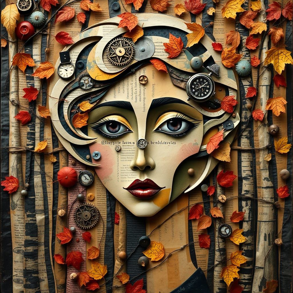 Abstract Collage Face in Autumn Forest, Cubist Style