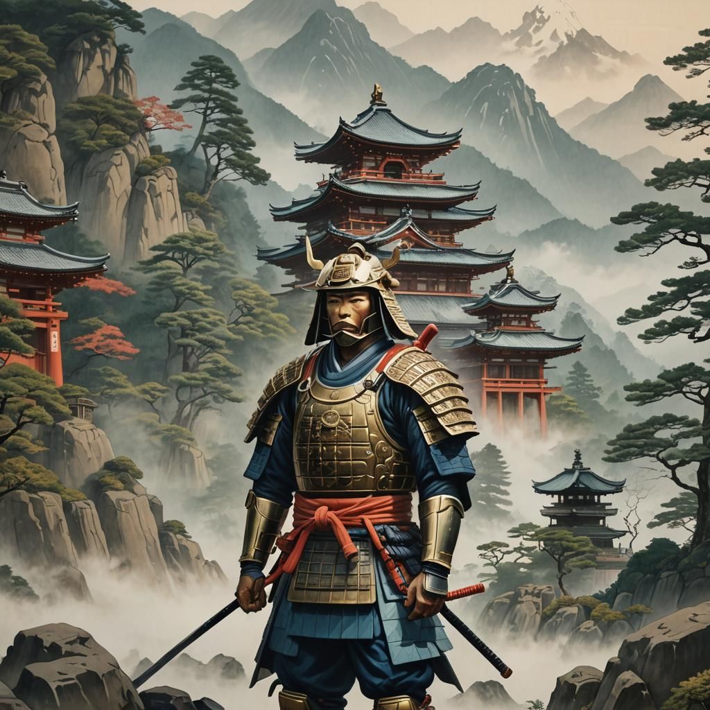 Shinto Warrior in Ukiyo-e Japanese Temple Landscape