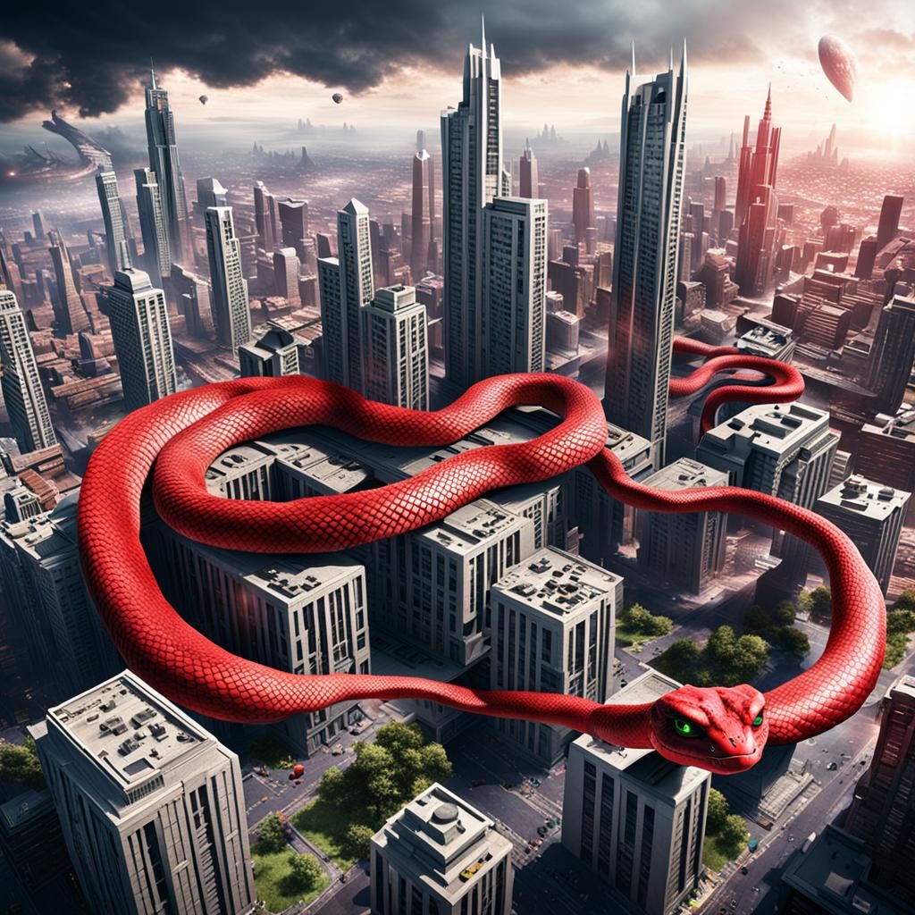 Giant Red Snake Destroys Futuristic City: 3D Sci-Fi