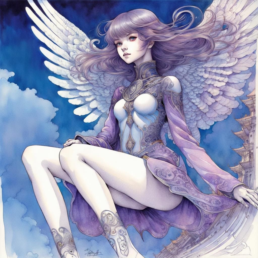 Manga Girl with Wings Flying in Purple Sky