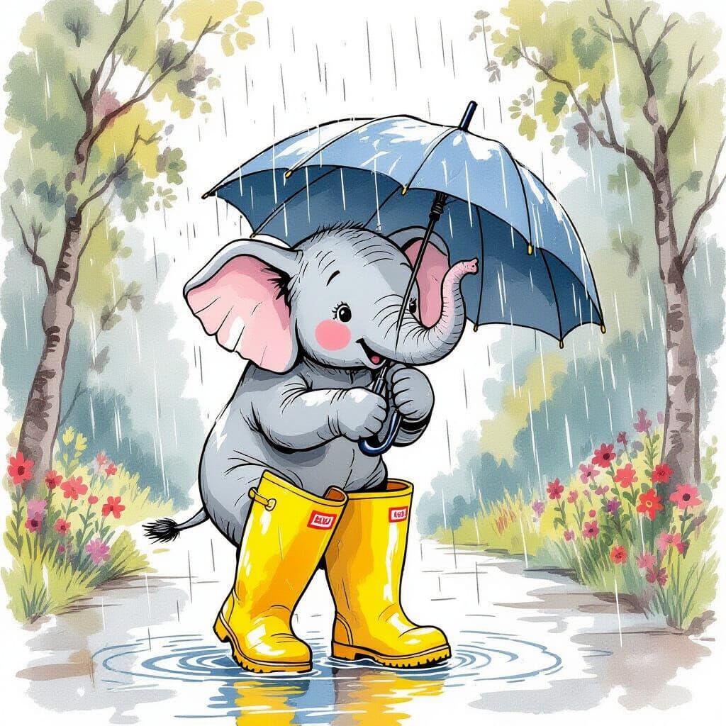 Elephant Struggles with Umbrella in Rainy Weather