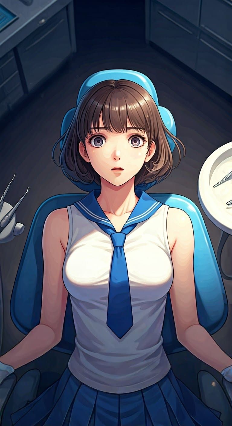 Frightened Girl in Dentist Chair, Anime Style