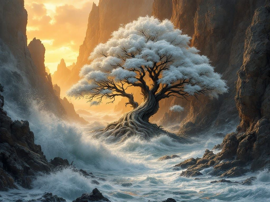 Ancient Tree Rises from Sunset Foam