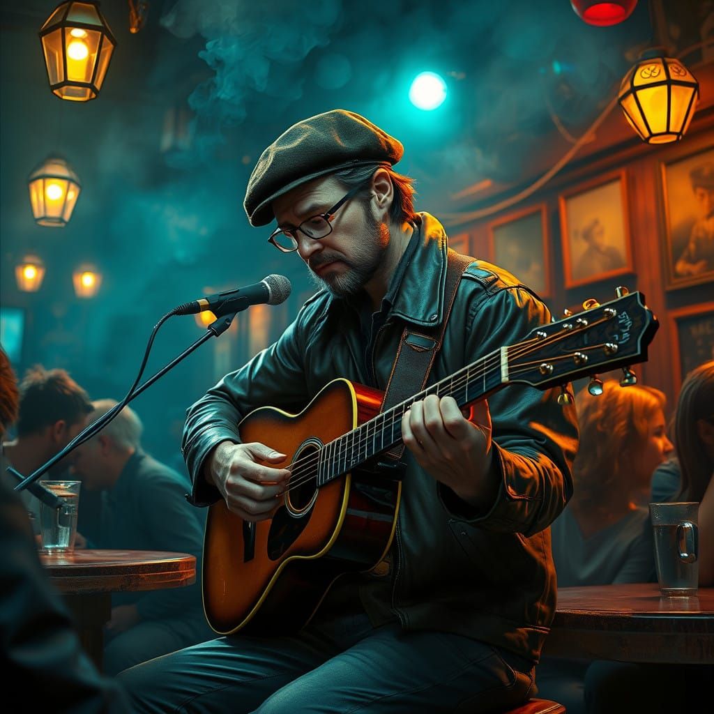 Moody Beatnik Musician Performs in Smoky Cafe