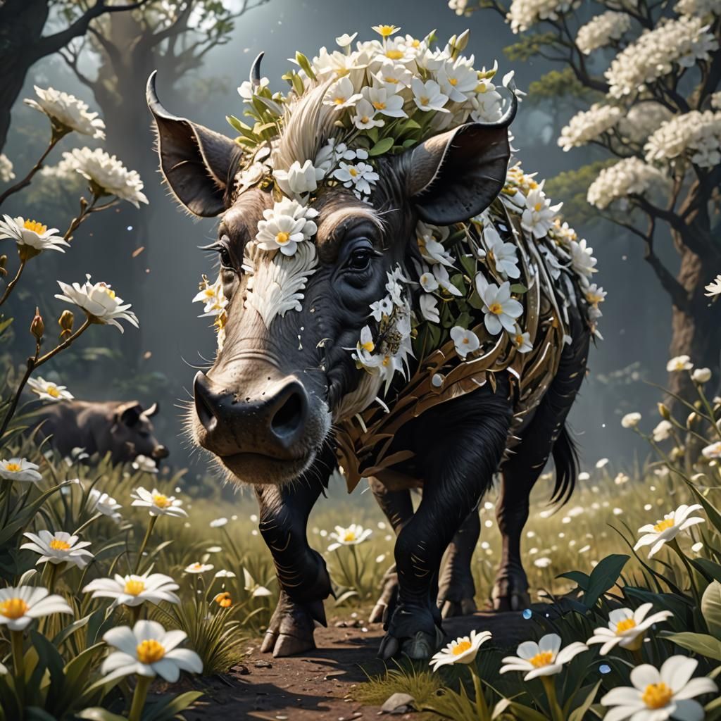 Warthog in Glowing Flowers: Fantasy Concept Art
