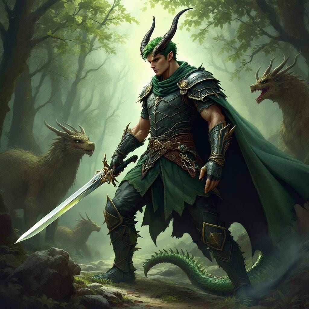 Draconian Prince in Forest Battle, Dark Fantasy Art