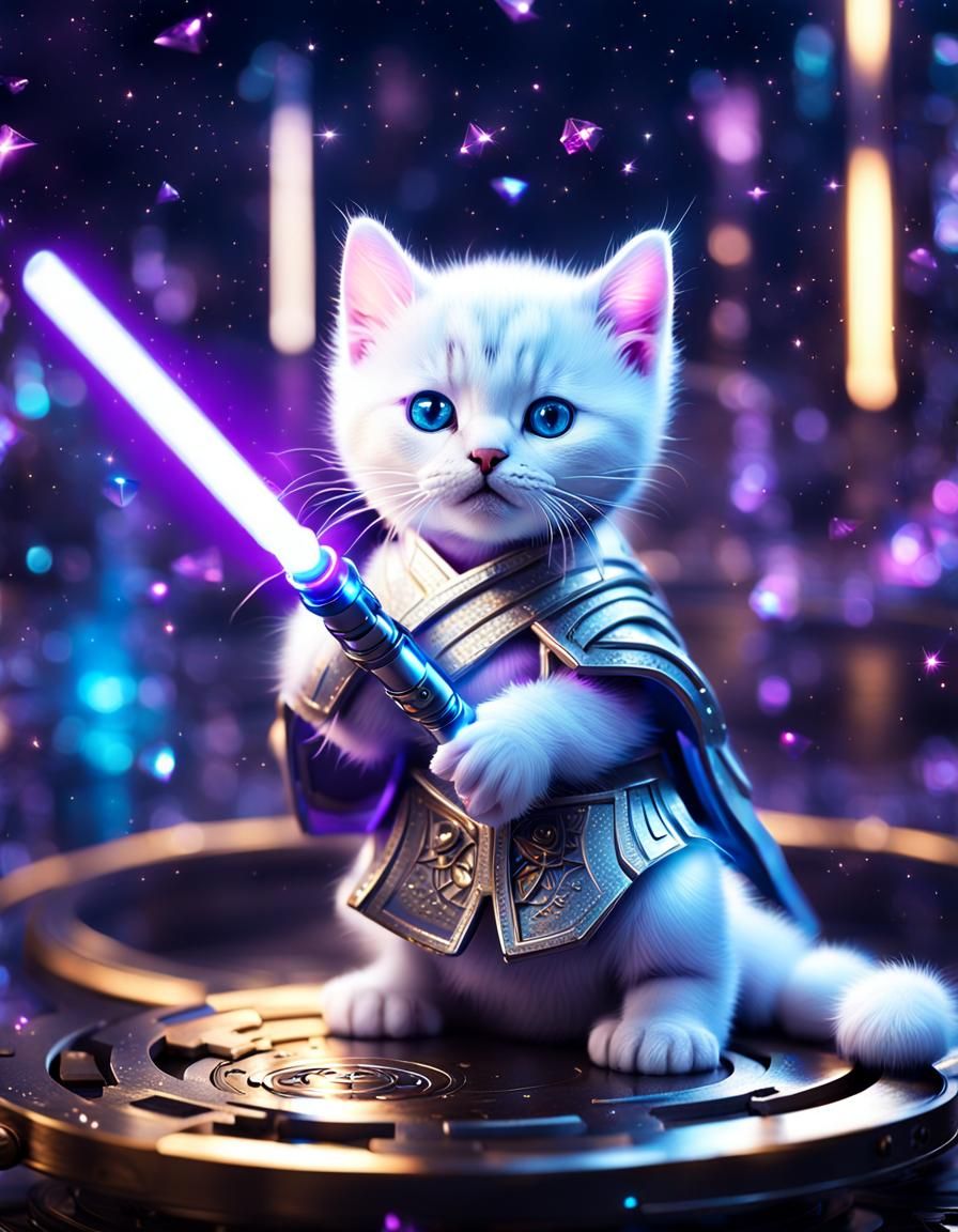 Cyberpunk Kitten with Lightsaber and Dragons