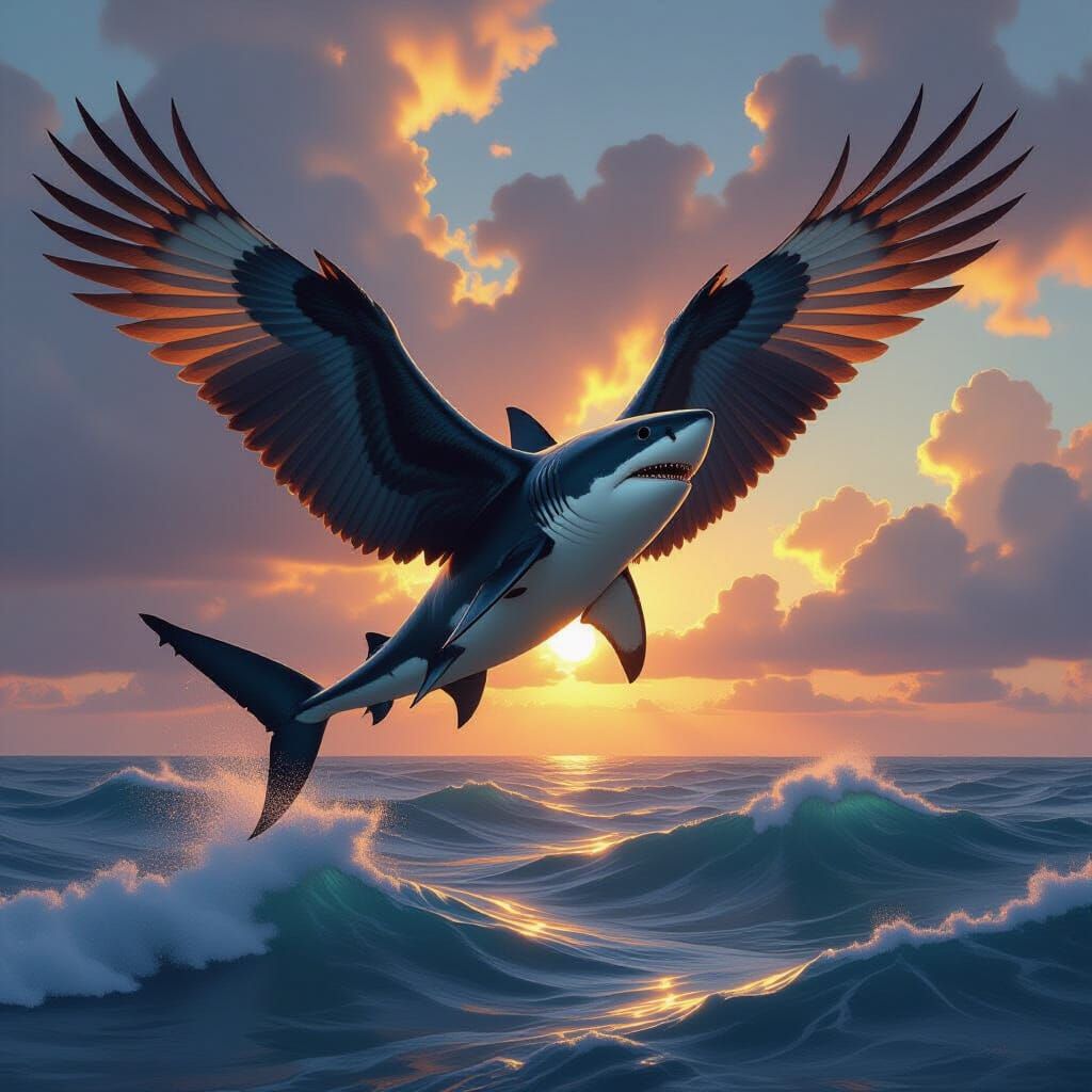 Shark With Eagle Wings Soars Over Turbulent Sea