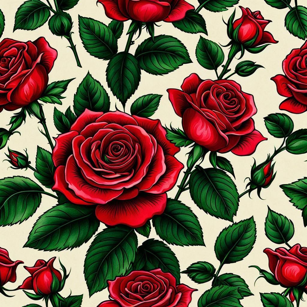 Detailed Red Roses in Colored Ink on Parchment