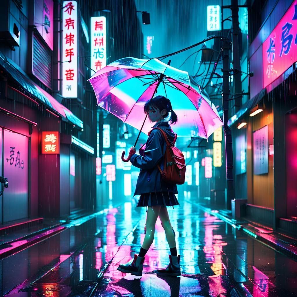 Schoolgirl in Rainy Japanese Neon Street