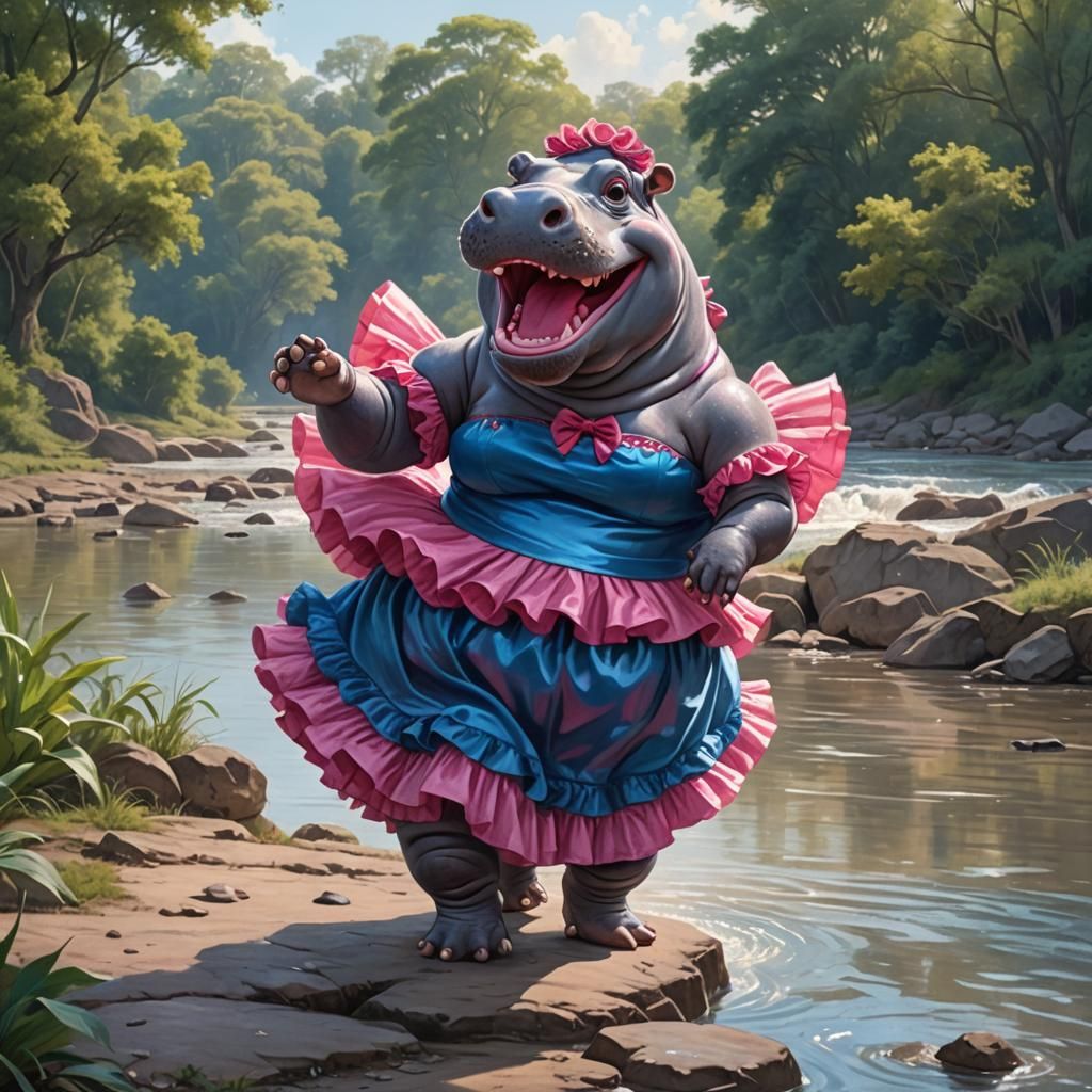 Dancing Hippo with Ruby Lips and Blue Eyes
