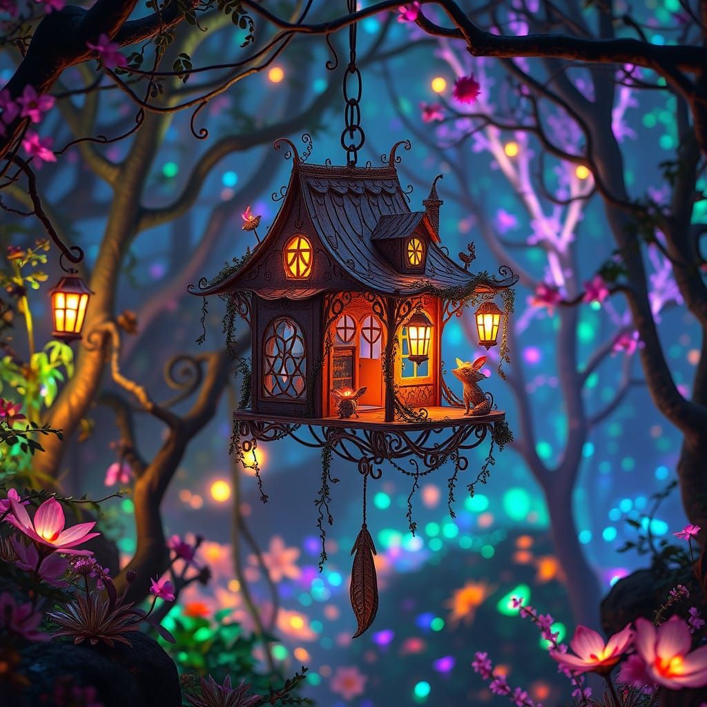 Surreal Bioluminescent Fairy House in an Enchanted Forest