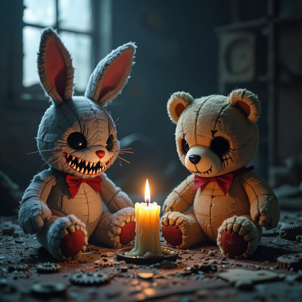 Gothic Horror Scene: Menacing Stuffed Animals in Abandoned W...