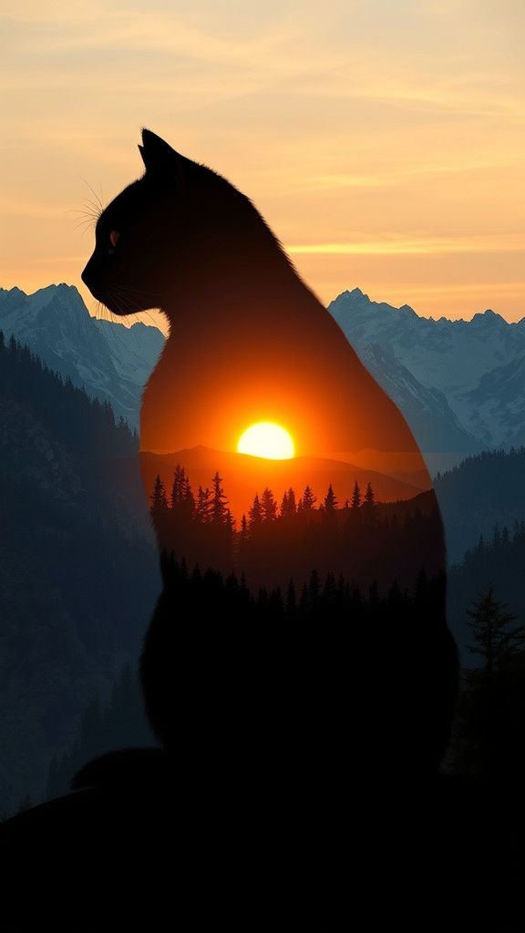 Black Cat Silhouette Reveals Mountain Landscape