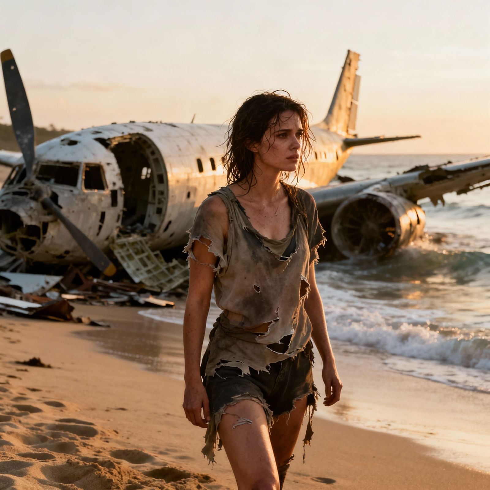 Survivor on Beach Amidst Plane Wreckage