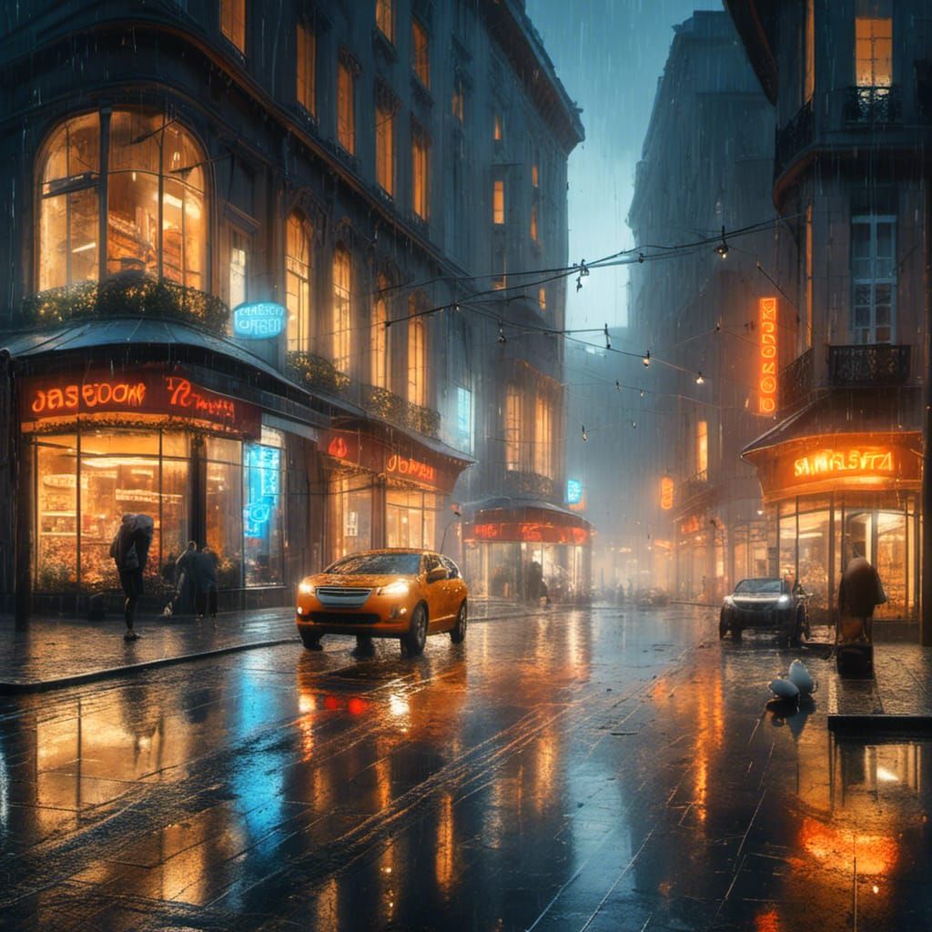 Rainy City Reflection in Photorealistic Style