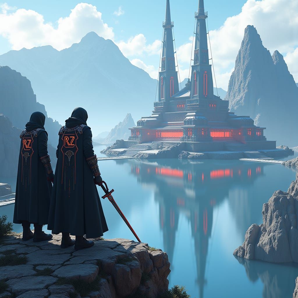 Cyberpunk Warriors Guard Temple Above Lake