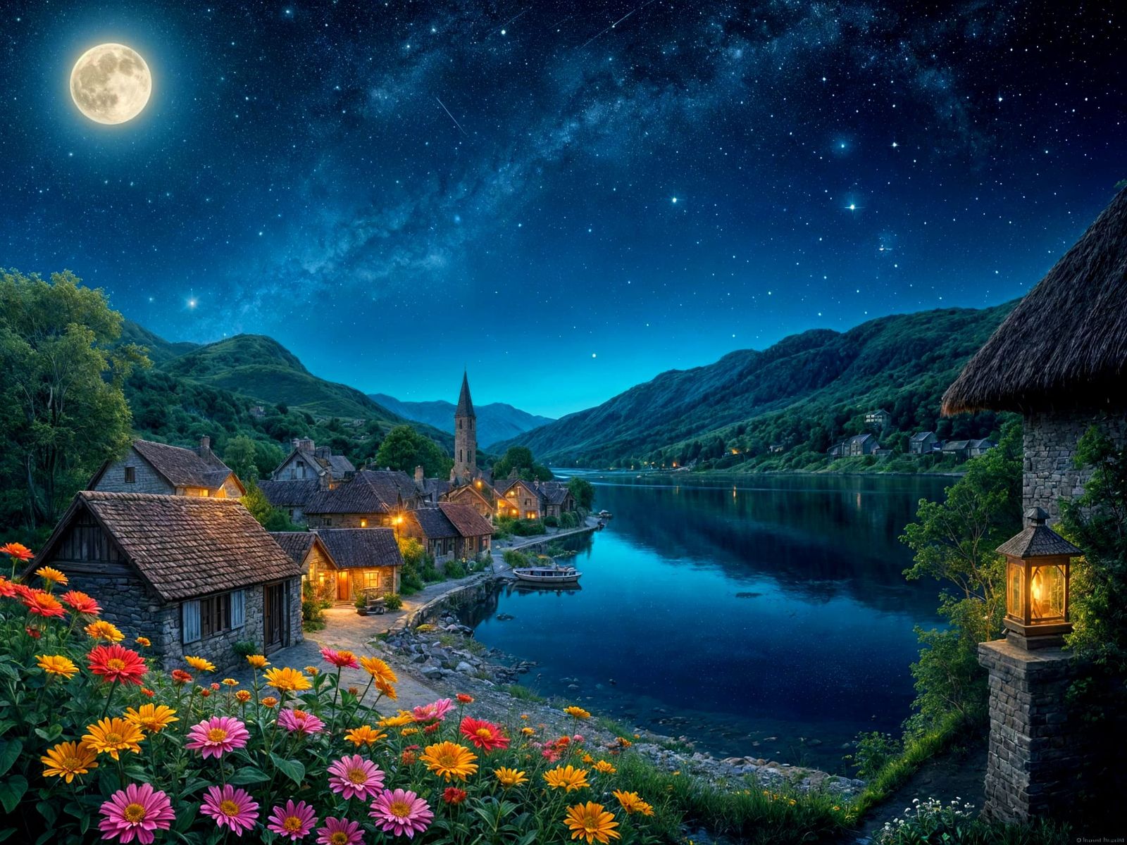 Village Under the Starry Night Sky with Rolling Hills and Ri...