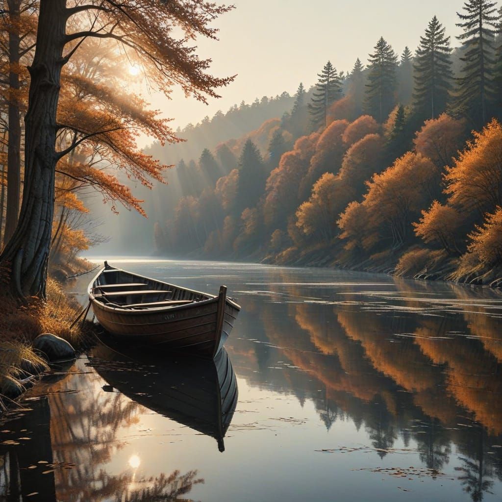 Serene Woodcut of Angler in Frosty Autumn Scene