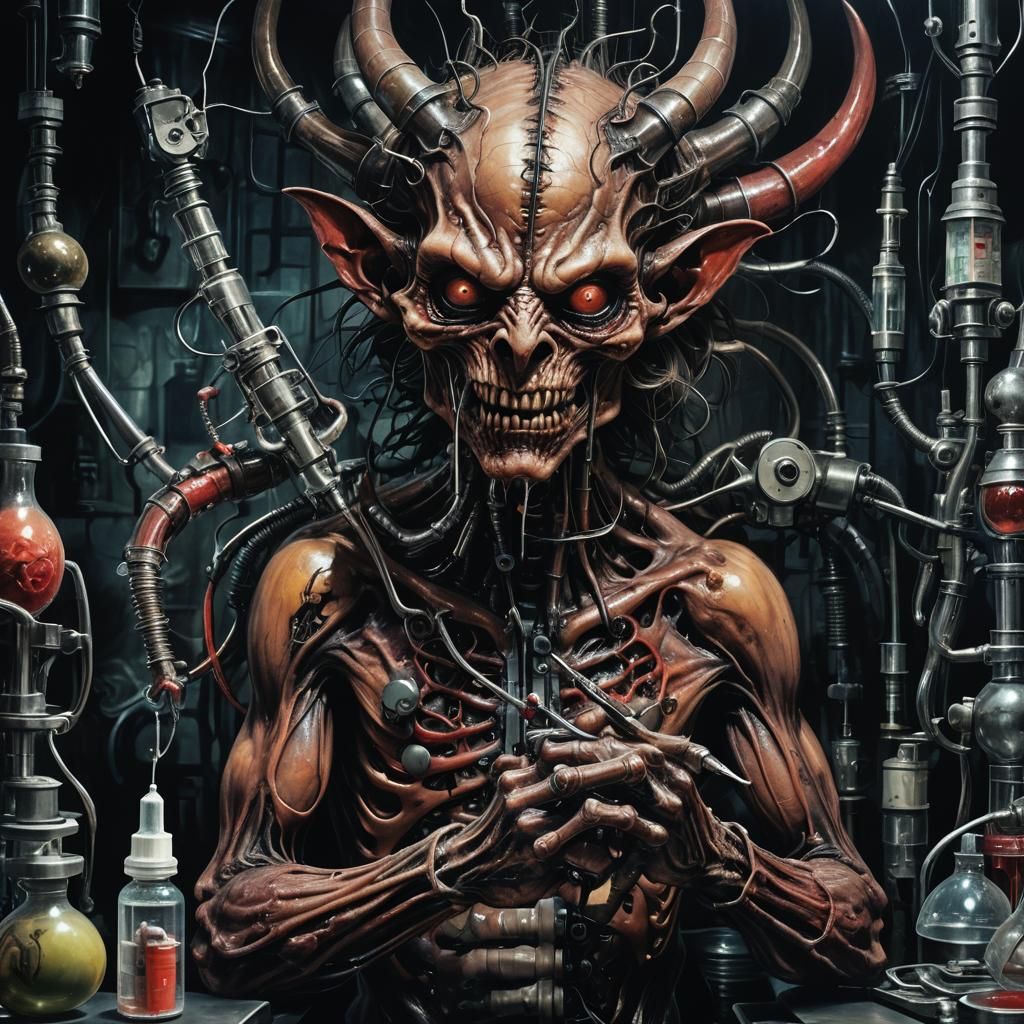 Grotesque Demon with Syringe Hand in Surreal Style