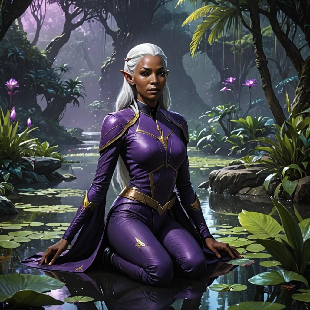 Half-Elven Woman in Violet Uniform Kneeling