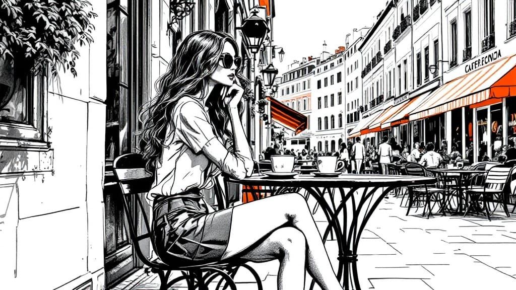 Fashionable Woman at Cafe in Aubrey Beardsley Style