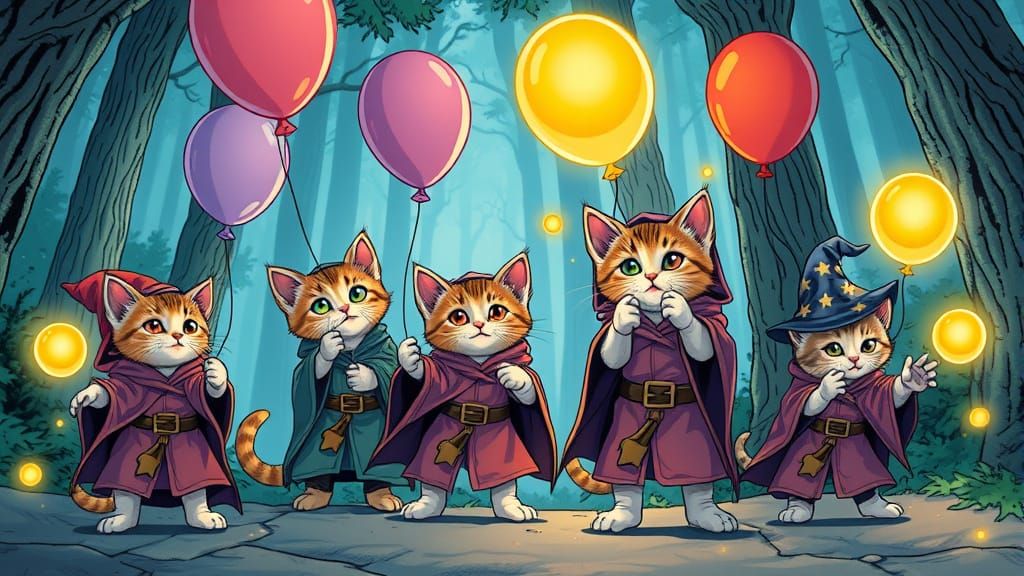 Wizard Kittens Conjure Magic Orbs in Comic Style
