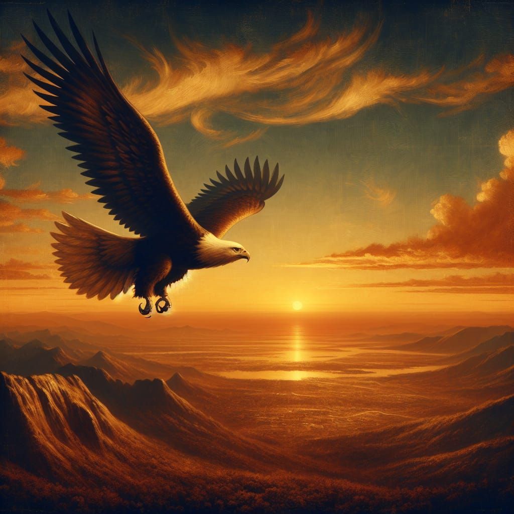Eagle Soars Above Golden Sunset Landscape