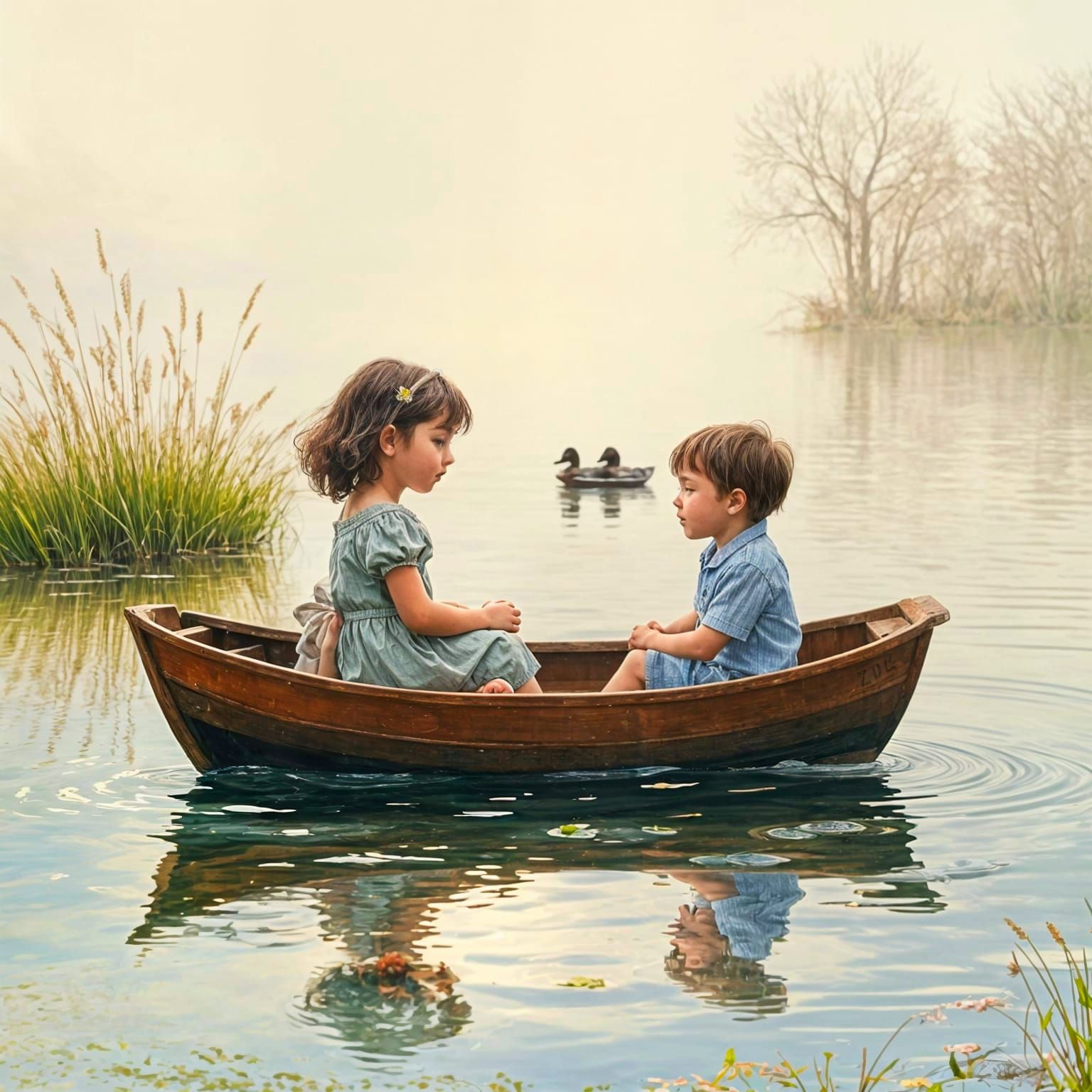 Children in Rowboat on Pond as Impasto Painting