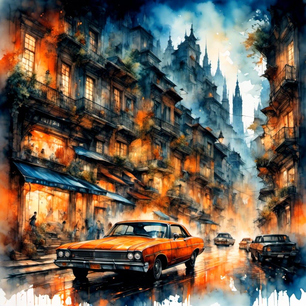 Gritty Cityscape Getaway Car in Watercolour Illustration