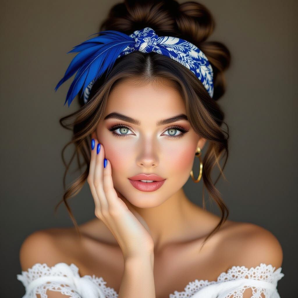 Beautiful Woman with Blue Feather Headband and White Lace