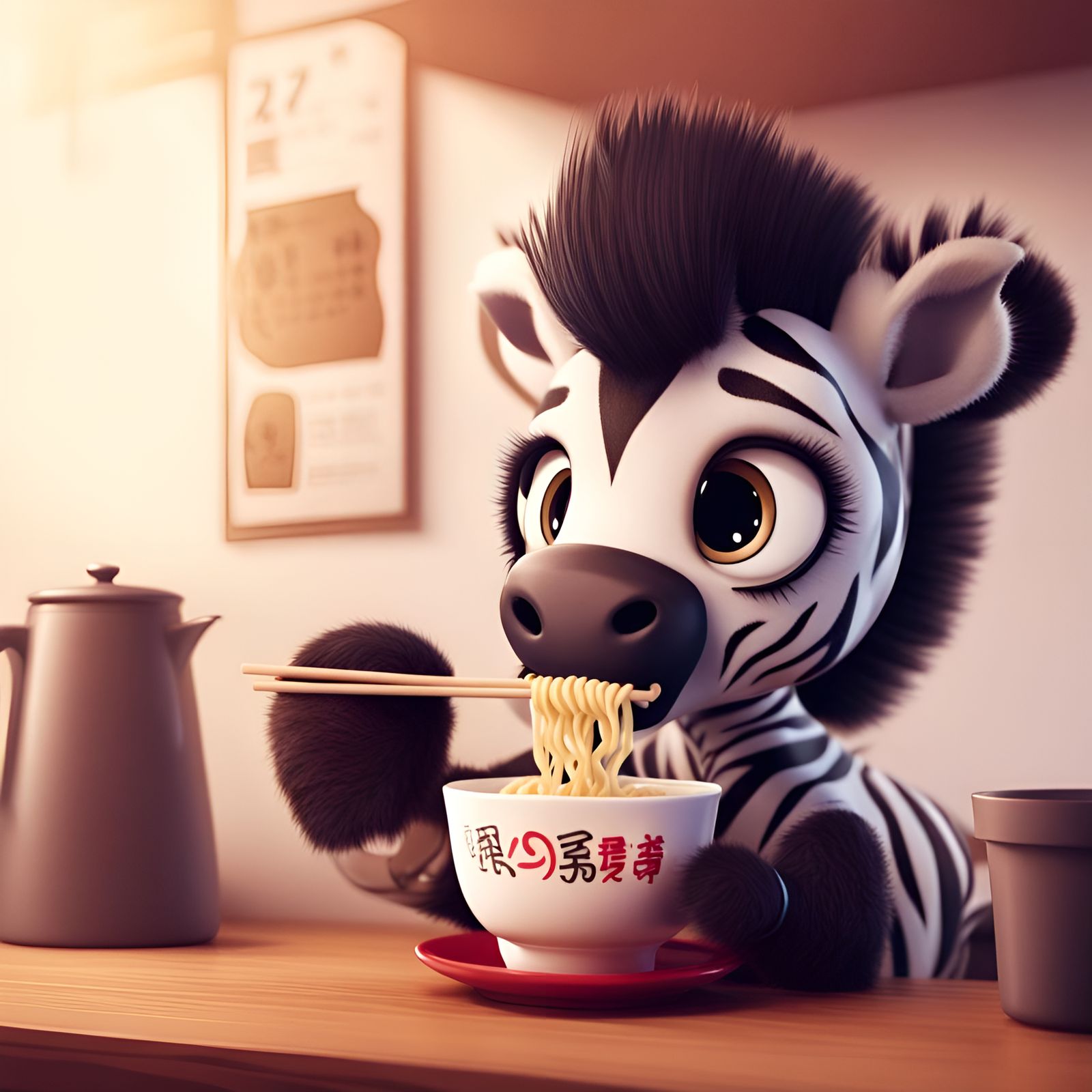 Adorable Zebra Eating Ramen: Playful Kawaii Cartoon