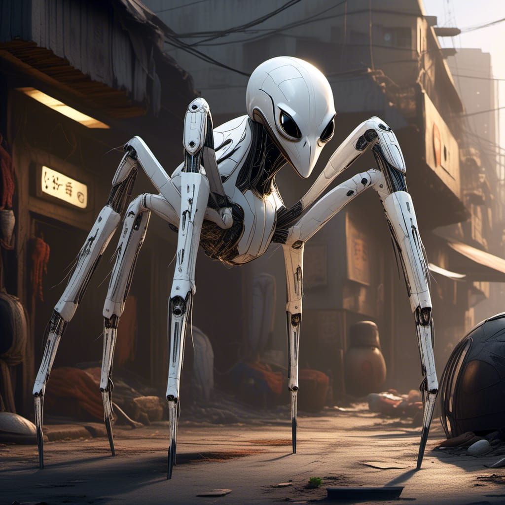 Concept for an alien spider-like droid in a futuristic slum